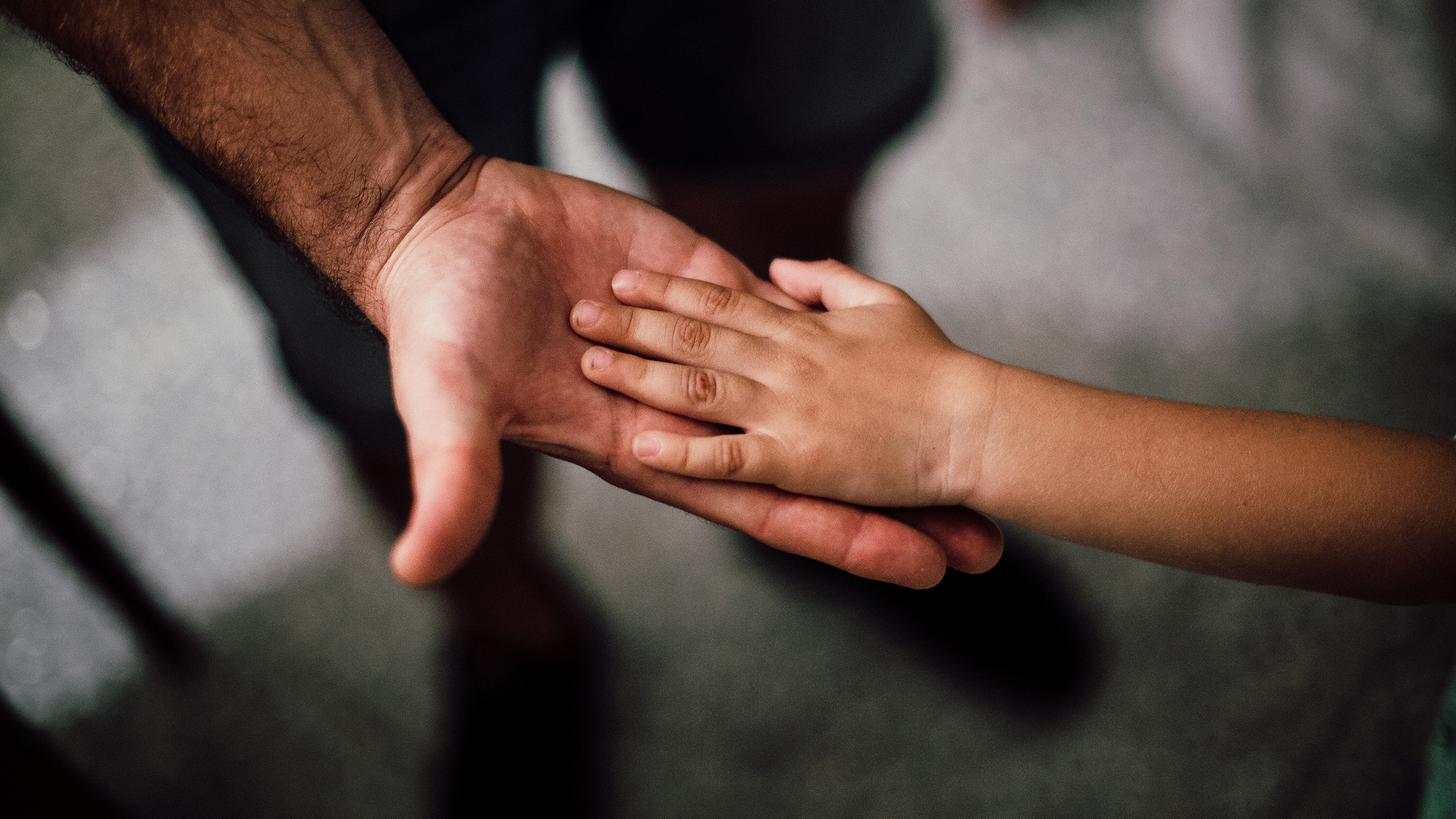 Closeup photo of child's hand placed on top of open palm of man's