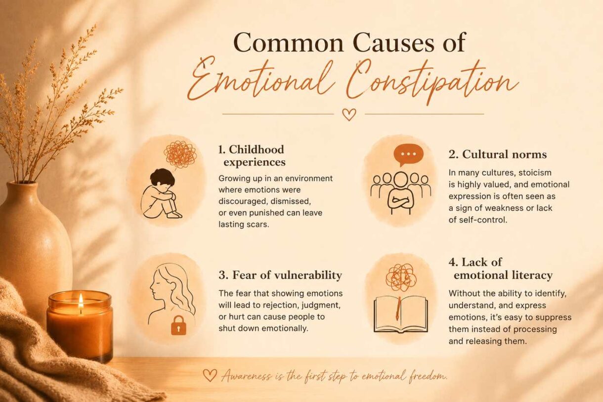 Infographic showing four common causes of emotional constipation: childhood experiences, cultural norms, fear of vulnerability, and lack of emotional literacy.