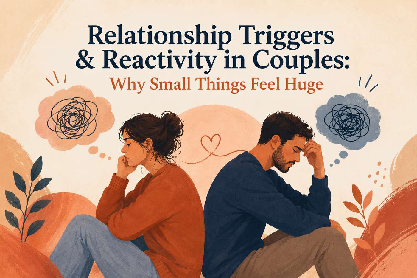Illustration of a couple sitting back-to-back, reflecting on emotional relationship triggers and reactivity, symbolizing how small conflicts can feel overwhelming in intimate relationships.